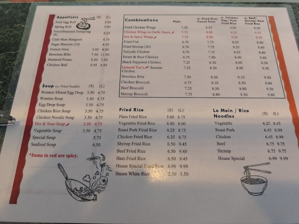 Printed menu with appetizers and combinations